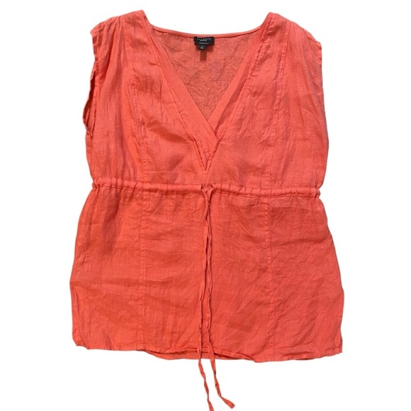 Talbots Pure Irish Linen Drawstring Waist Top Size 6 Coral PleatedBib Lagenlook - Picture 6 of 12